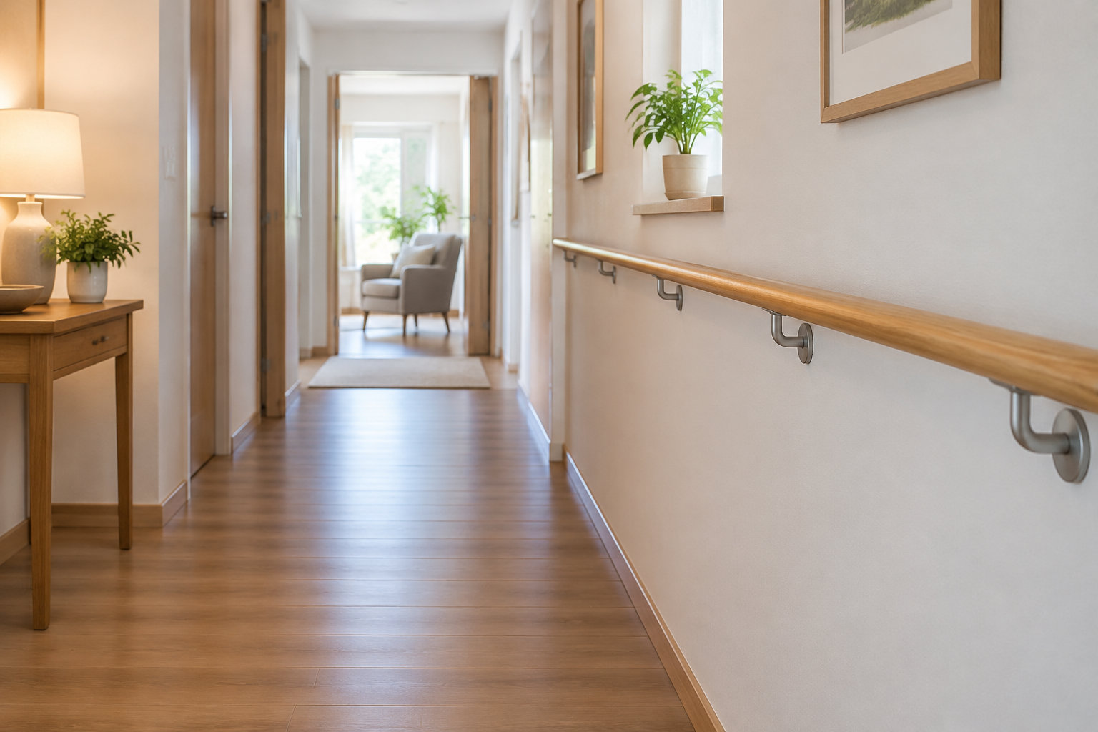 Un couloir lumineux avec une main courante en bois, une console ornée d’une lampe et de plantes, et un fauteuil au fond.