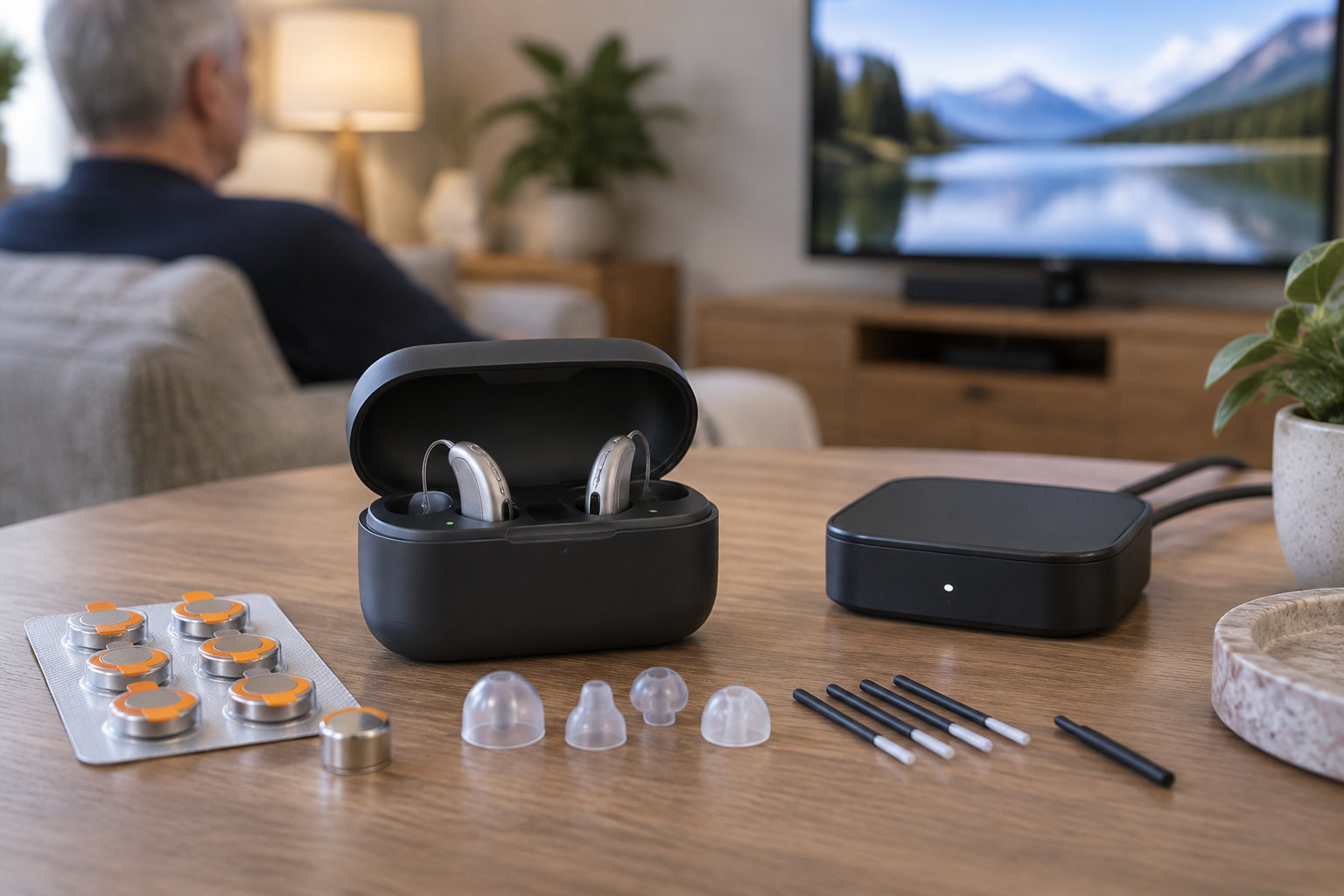 Une paire d’appareils auditifs dans un étui ouvert, avec des piles, des embouts et des accessoires disposés sur une table basse, tandis qu’une personne regarde la télévision dans un salon.