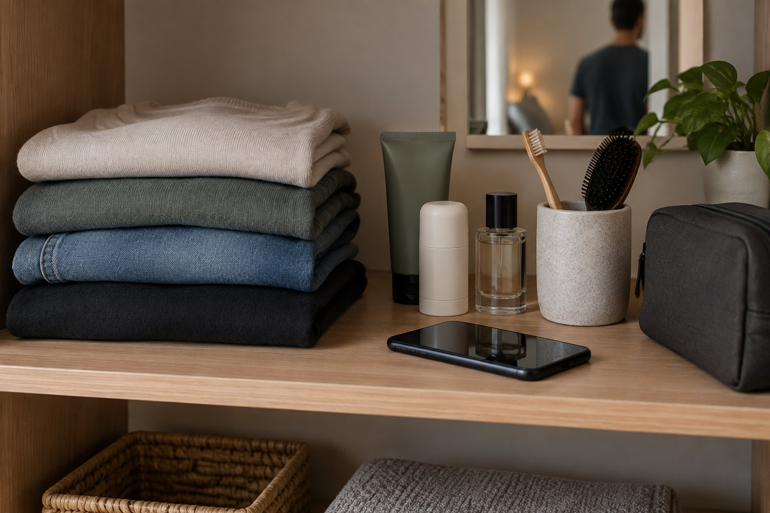 Des serviettes pliées, des produits de toilette, des brosses, un téléphone et une trousse sont posés sur une étagère en bois, avec un homme reflété dans le miroir.