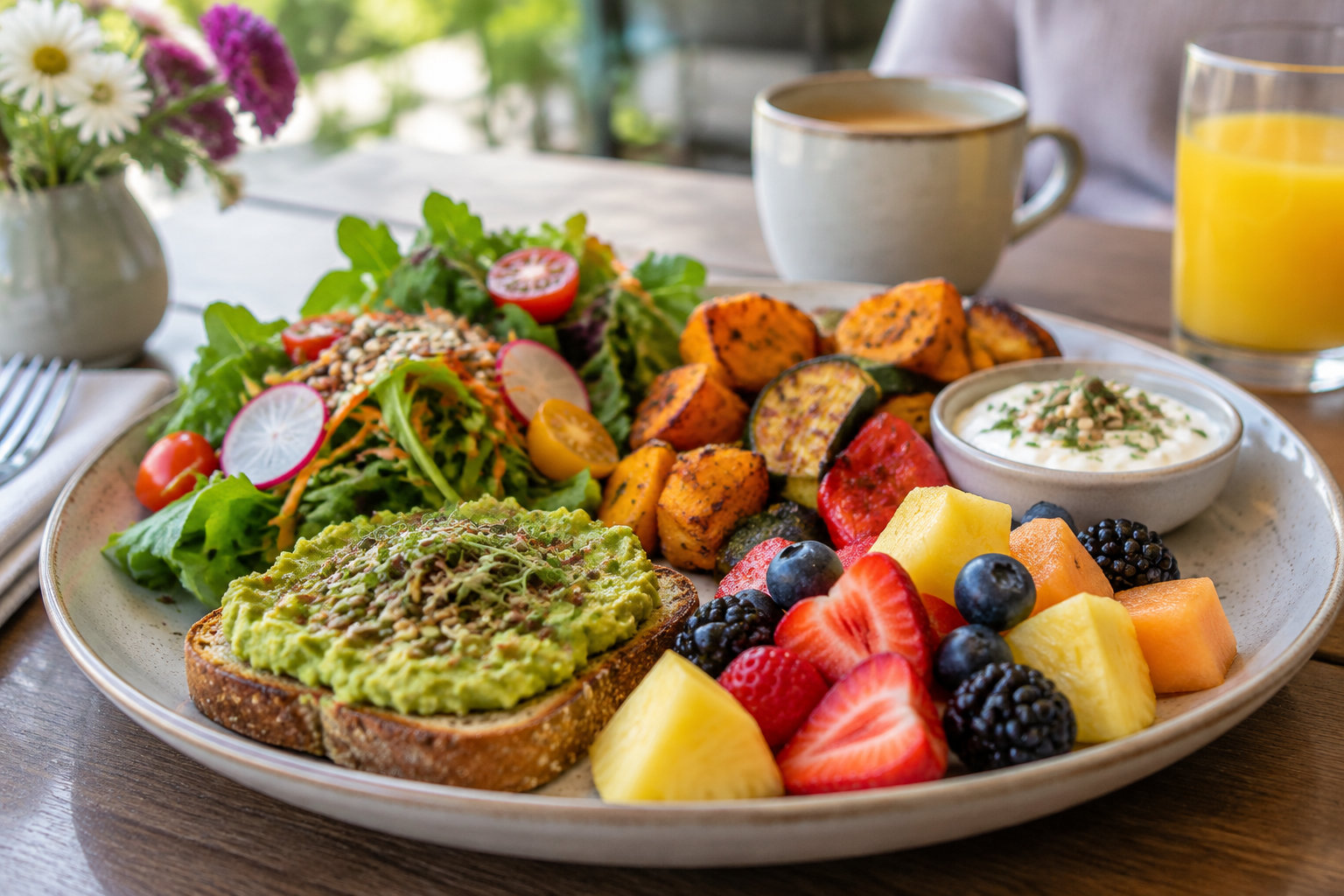 Une grande assiette garnie de tartines à l’avocat, de salade, de légumes grillés, de fruits frais et d’une sauce, accompagnée d’une tasse et d’un verre de jus d’orange.