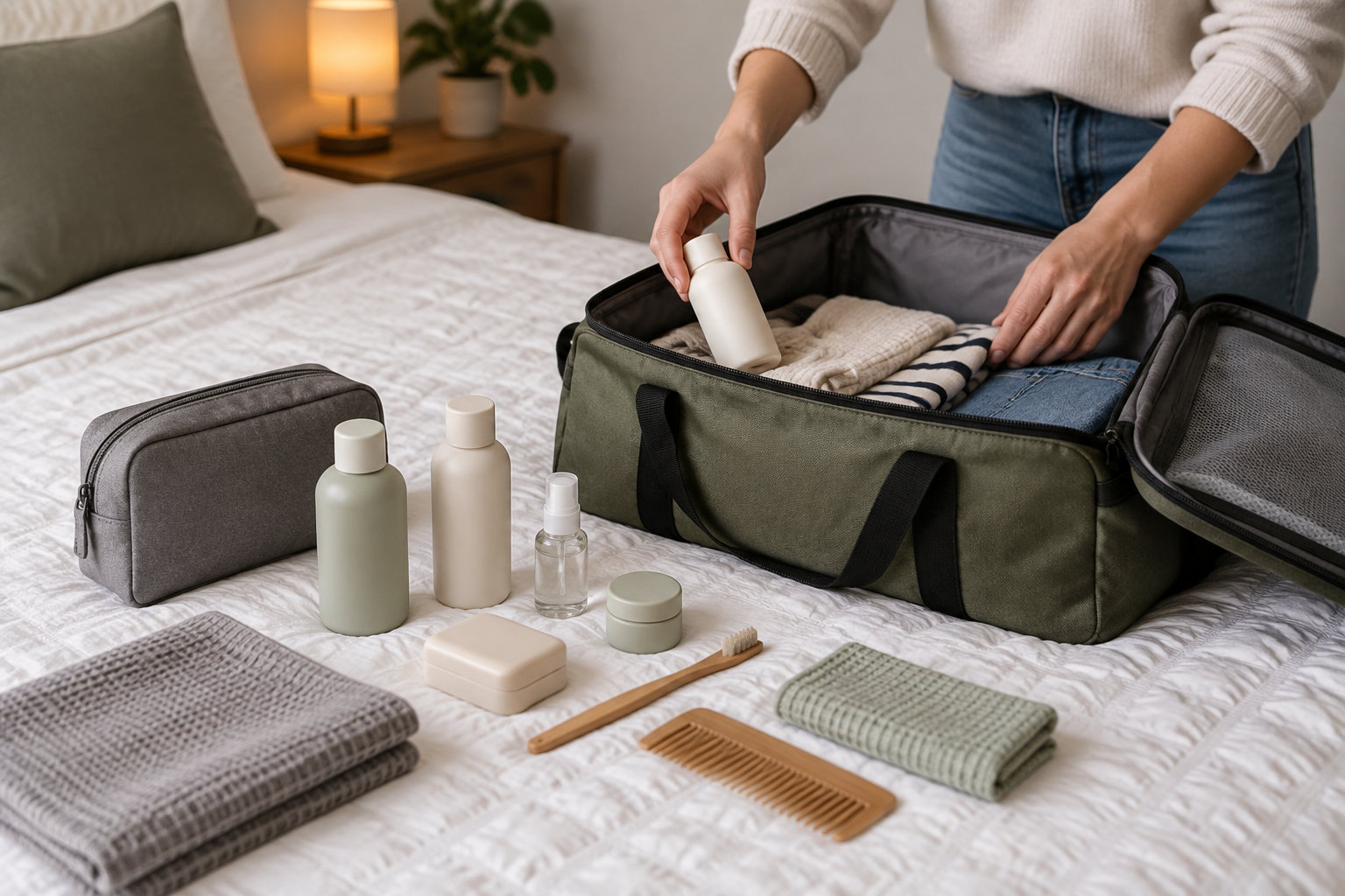 Une personne range une bouteille dans un sac de voyage ouvert, posé sur un lit entouré de produits de toilette, de serviettes et d’accessoires de soin.