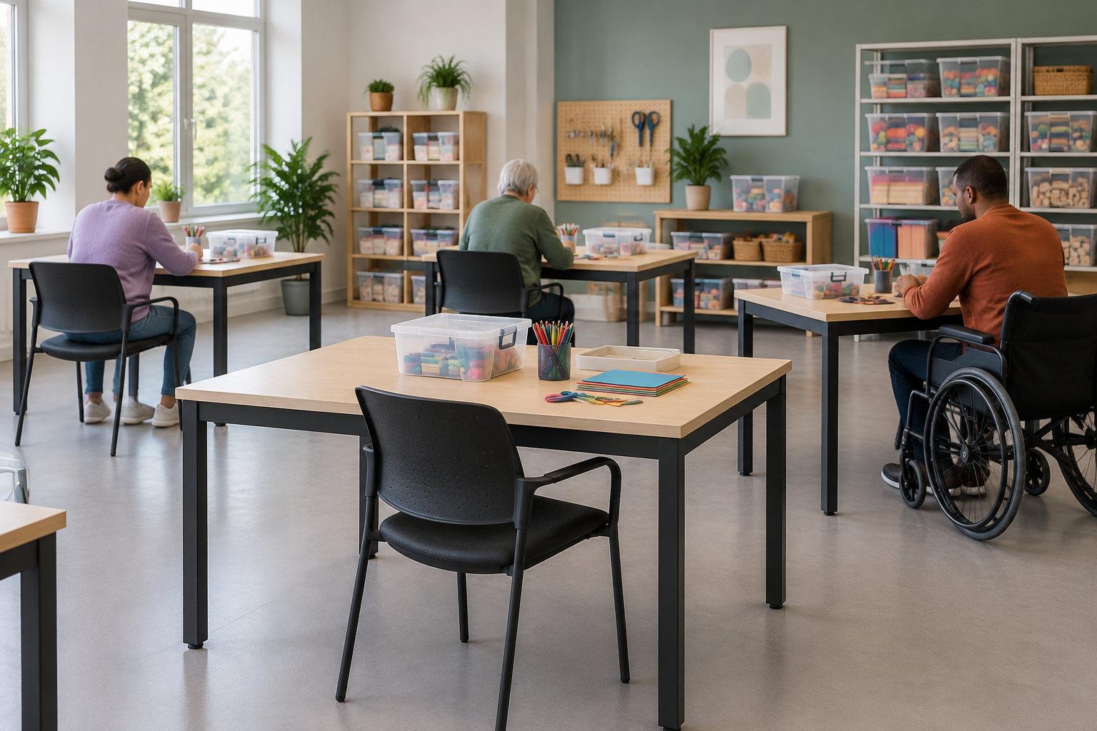 Trois adultes sont assis à des tables dans une salle lumineuse remplie de matériel de loisirs créatifs ; l’un d’eux est en fauteuil roulant.
