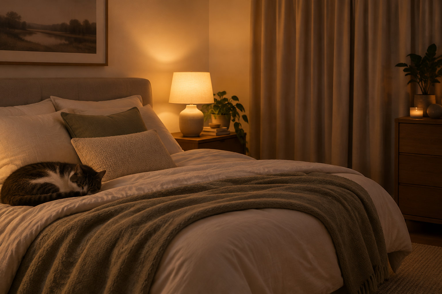 Un chat dort sur un lit dans une chambre éclairée par une lampe de chevet, avec des rideaux, des plantes et une bougie.