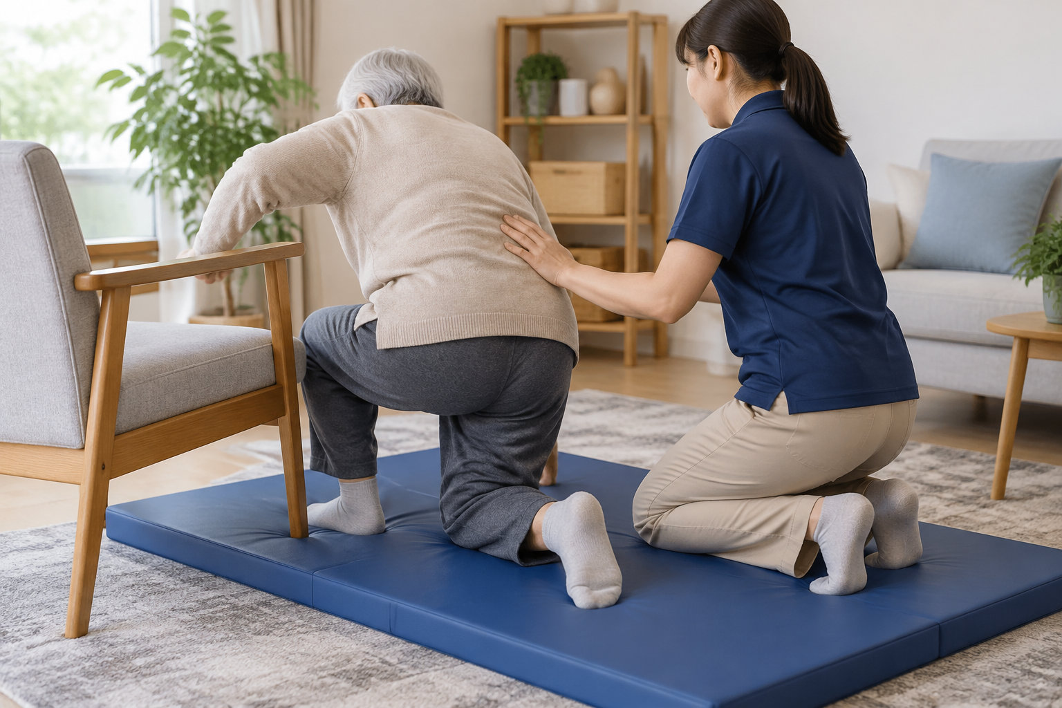 Une soignante aide un homme âgé à se relever d’un tapis bleu en s’appuyant sur une chaise, dans un salon.
