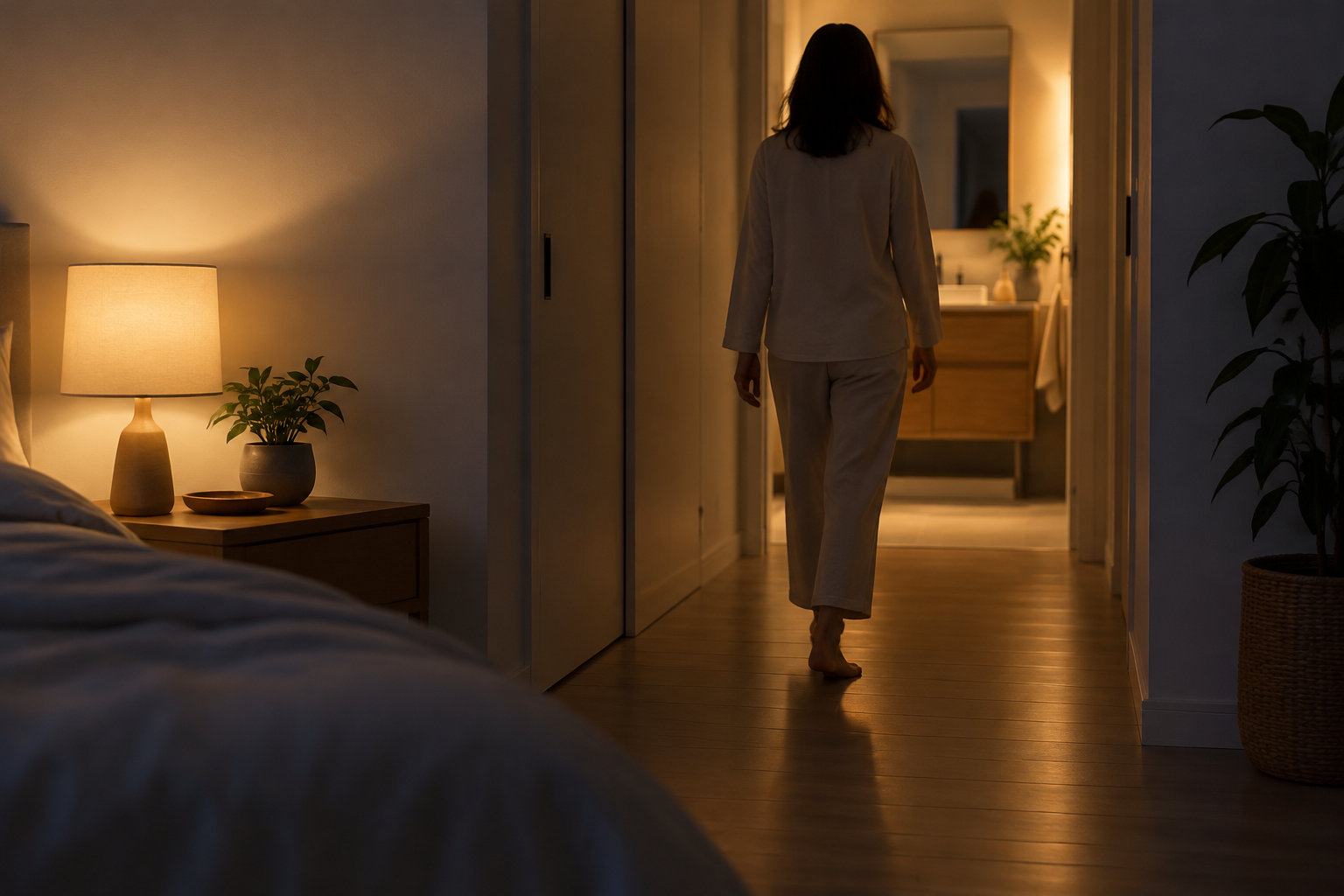 Une personne en pyjama marche pieds nus dans un couloir éclairé par une lumière chaude, entre une chambre et une salle de bains.