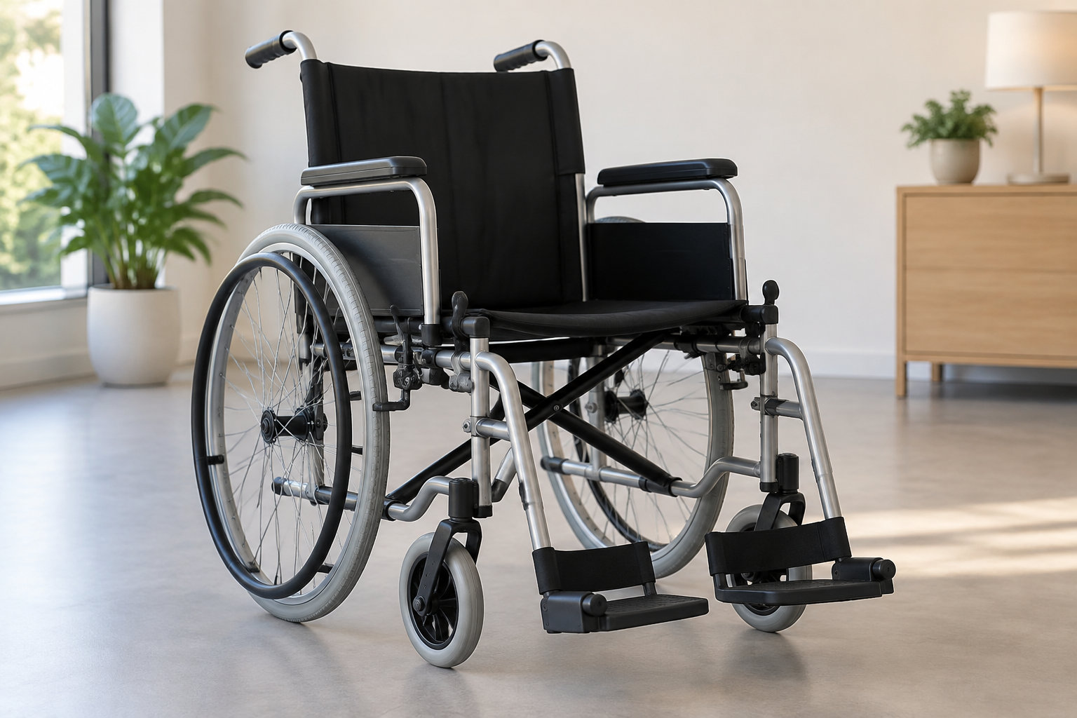 Un fauteuil roulant noir et argenté est posé dans une pièce lumineuse, près d’une fenêtre et de plantes en pot.