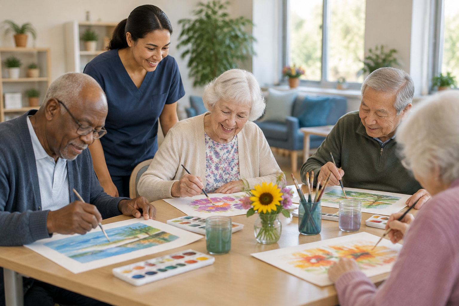 Une soignante souriante accompagne quatre personnes âgées qui peignent à l’aquarelle autour d’une table dans une pièce lumineuse.