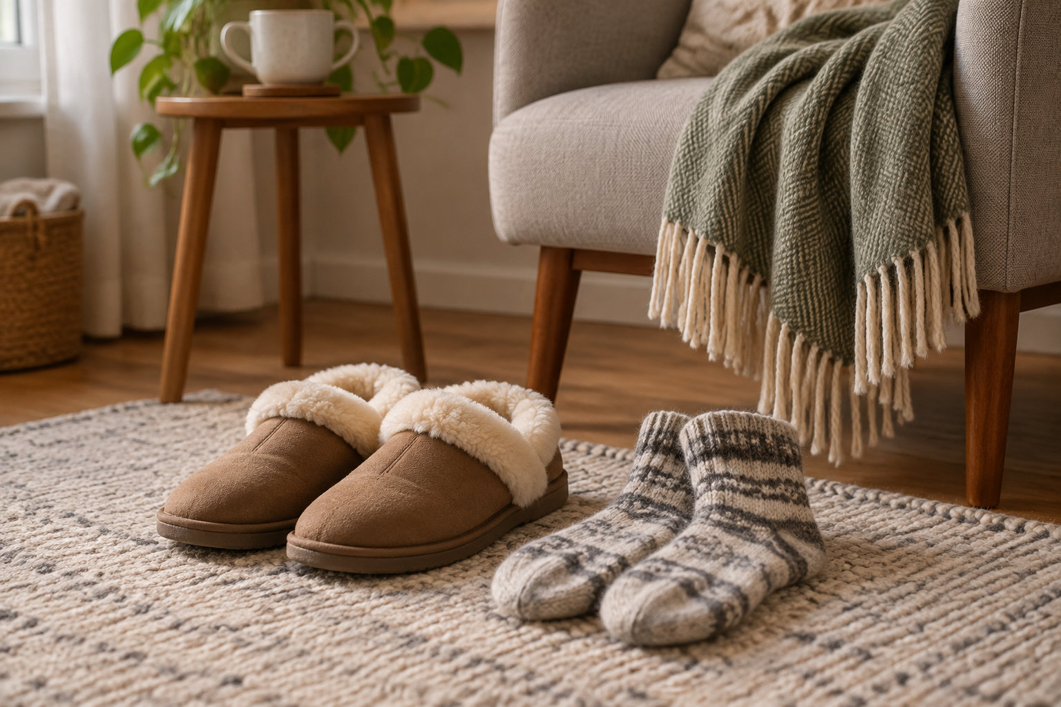 Des chaussons doublés de fourrure et des chaussettes épaisses sont posés sur un tapis devant un fauteuil, près d’une petite table avec une tasse et une plante.