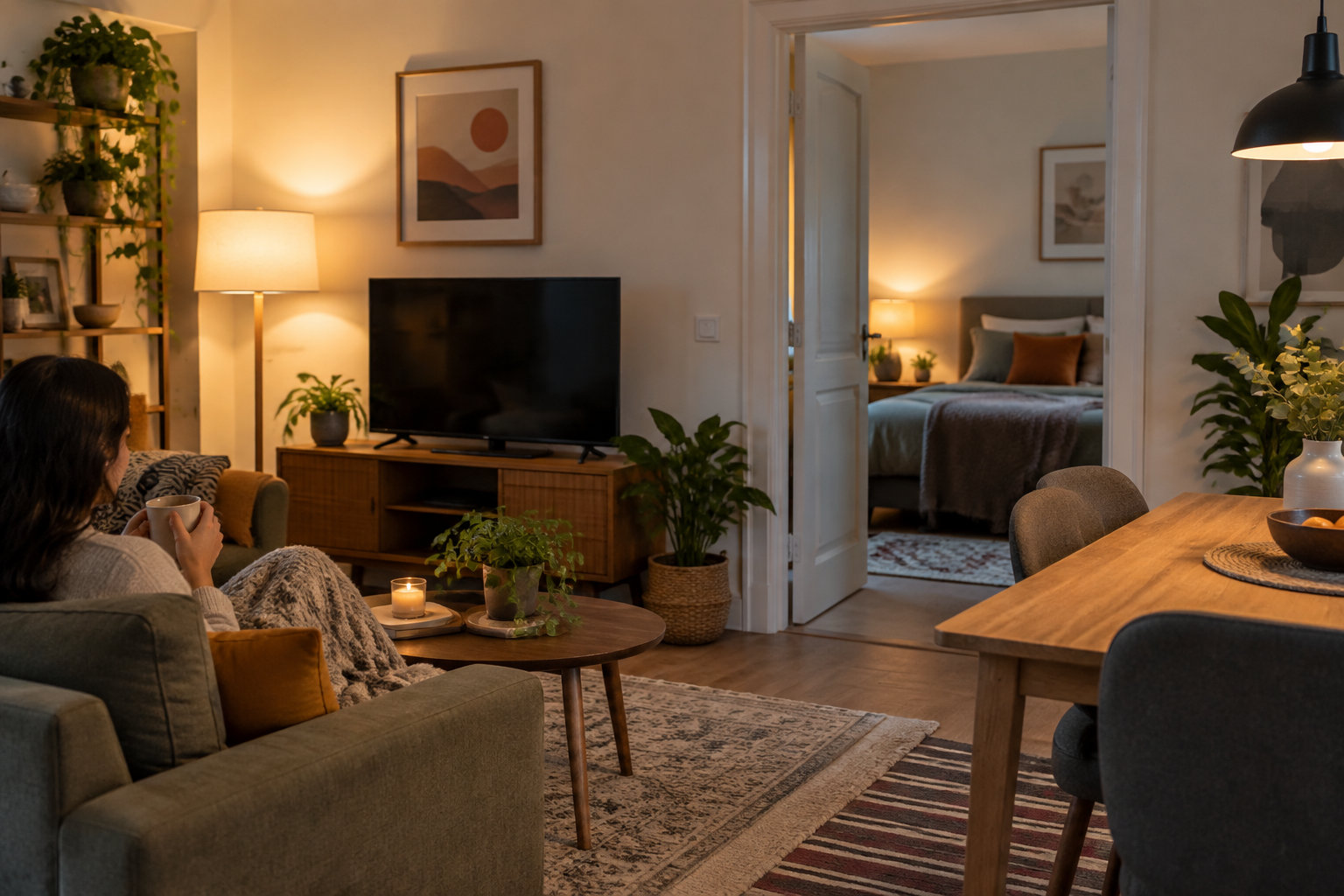 Une personne assise sur un canapé tient une tasse dans un salon chaleureux, avec une chambre visible par une porte ouverte.
