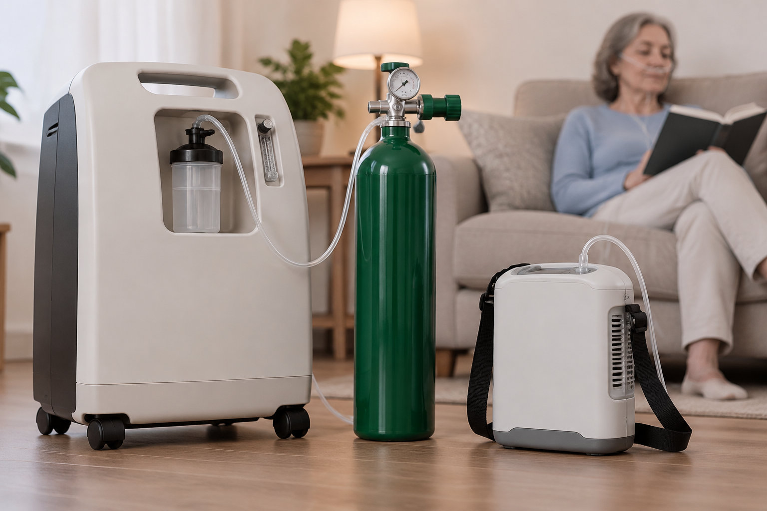 Un concentrateur d’oxygène, une bouteille verte avec manomètre et un appareil portable sont posés au sol devant une femme assise sur un canapé, lisant un livre.