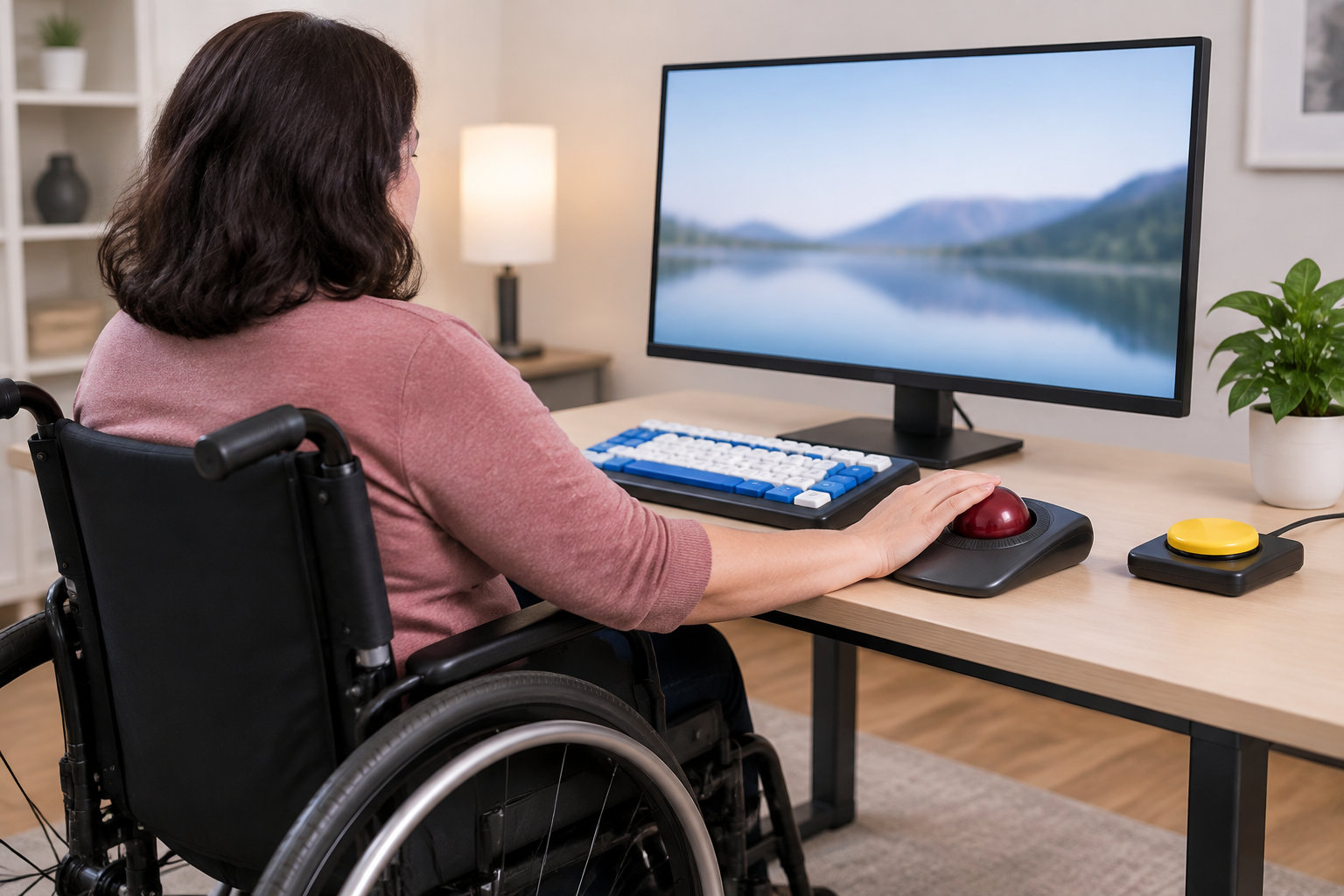 Une personne en fauteuil roulant utilise une boule de commande et un gros bouton jaune devant un écran affichant un paysage de lac et de montagnes.