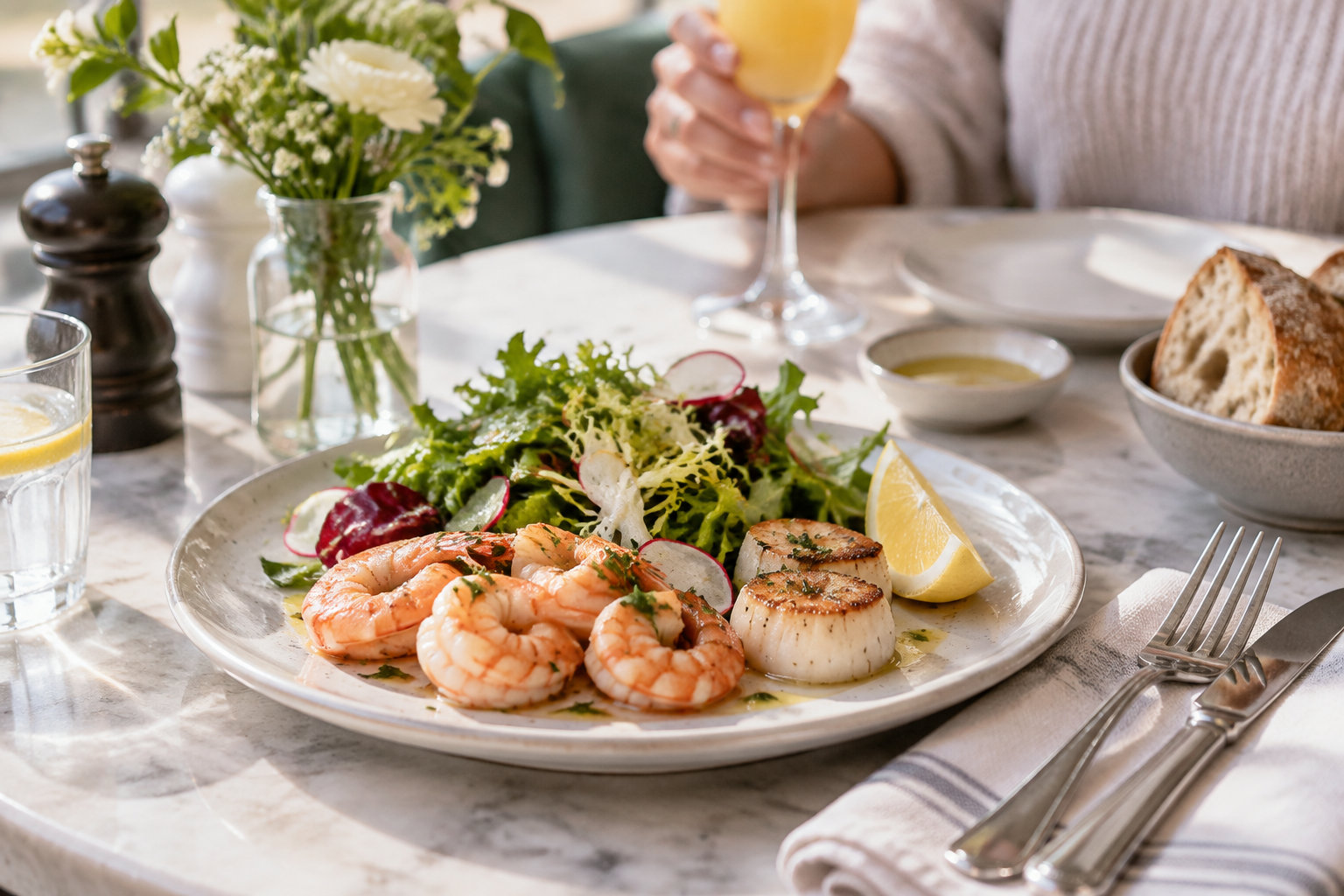Une assiette de fruits de mer avec des crevettes, des noix de Saint-Jacques, une salade verte et un quartier de citron est posée sur une table dressée, avec du pain, des verres et un bouquet de fleurs.