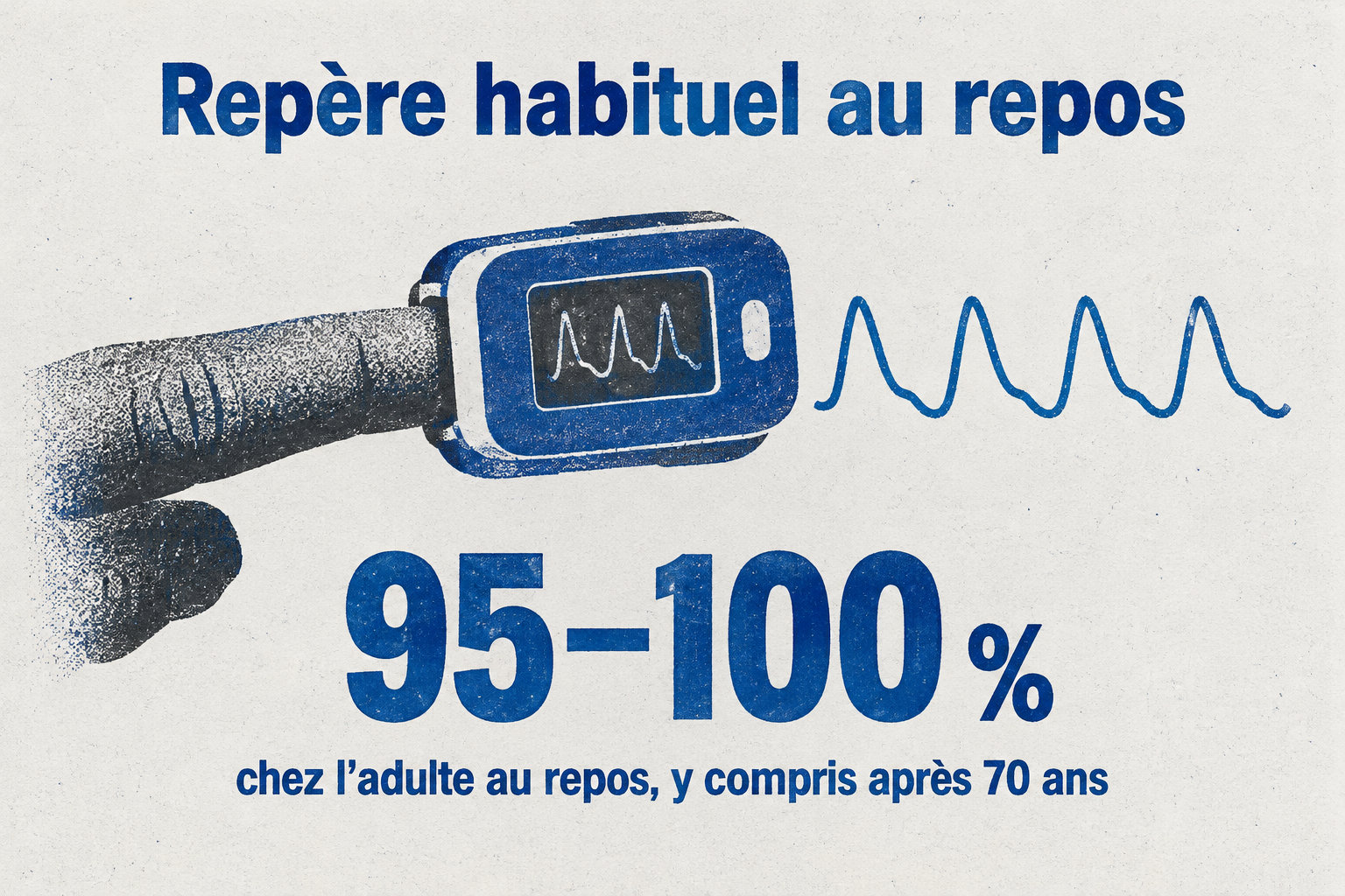 Chez l’adulte au repos, y compris après 70 ans, le repère habituel de SpO₂ est de 95 à 100 %.
