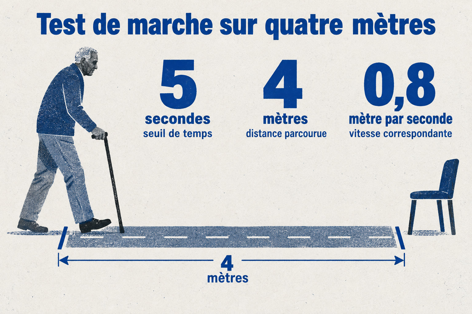 Sur un parcours de quatre mètres, dépasser cinq secondes correspond à une vitesse inférieure à 0,8 mètre par seconde, signe de risque intermédiaire.