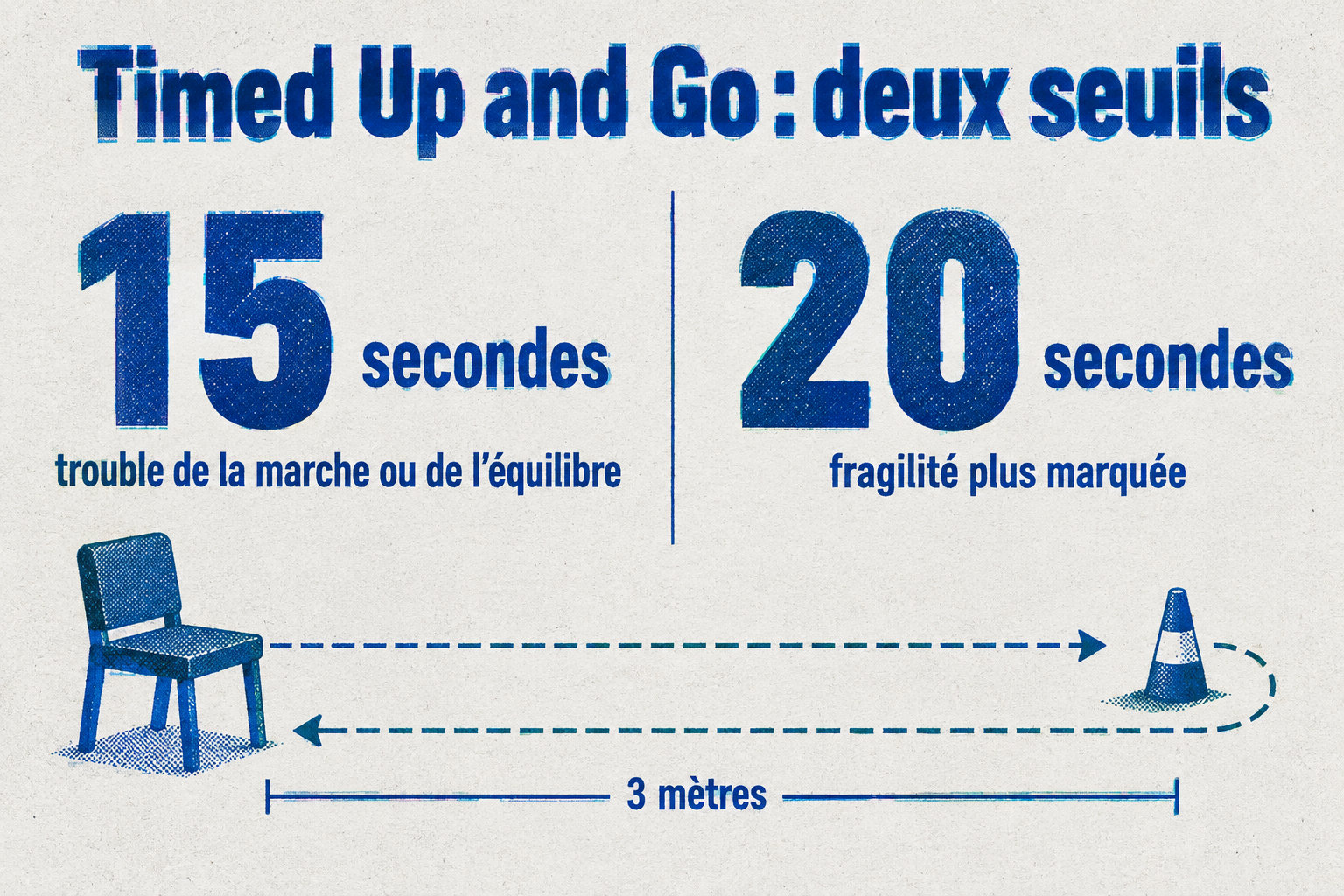Le Timed Up and Go consiste à se lever d’une chaise, marcher et faire demi-tour ; un temps supérieur à 15 secondes signale un trouble de la marche ou de l’équilibre, tandis que le seuil de 20 secondes correspond à une fragilité plus marquée.