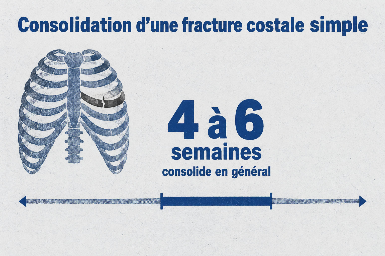 Une fracture costale simple consolide en général en 4 à 6 semaines, mais la douleur peut durer plus longtemps.