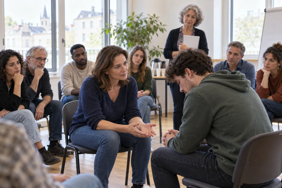 Dans une salle lumineuse, une dizaine d’adultes assis en cercle regardent deux participants : une femme penchée vers un jeune homme en sweat à capuche, tête baissée, qu’elle écoute les mains ouvertes. Une formatrice se tient debout derrière eux, un manuel serré contre elle.