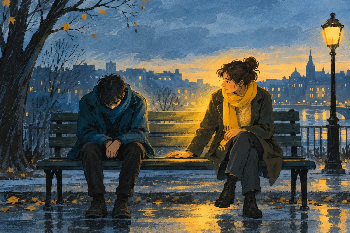 Illustration à la gouache : sur un banc au bord d’un fleuve, au crépuscule, une personne en manteau bleu est assise tête baissée ; une autre, assise à distance et tournée vers elle, pose une main ouverte sur le banc entre elles. Une lumière jaune part de la seconde vers la première.
