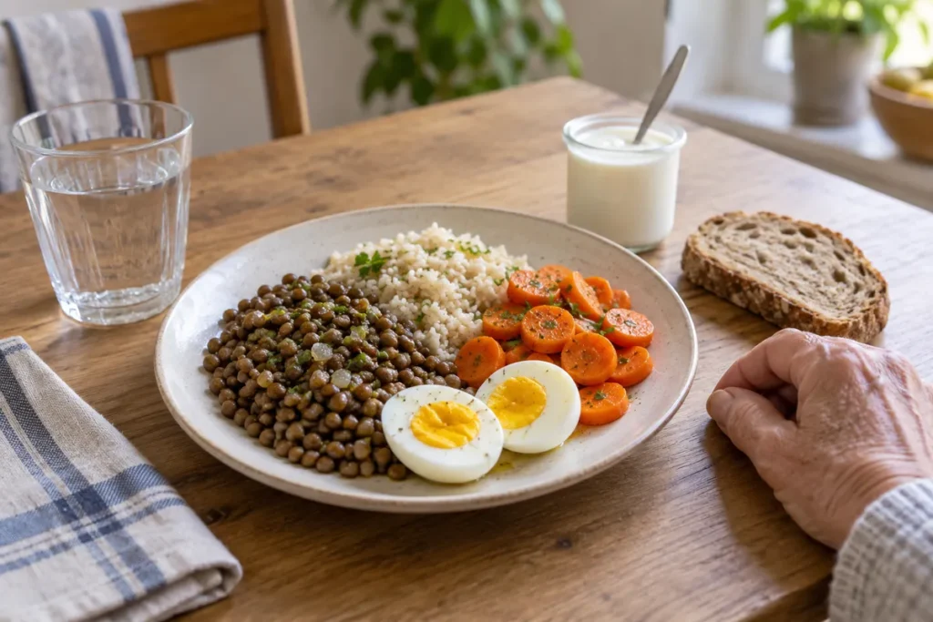 Assiette de lentilles, œuf dur, féculent et carottes, avec du pain et un petit pot.