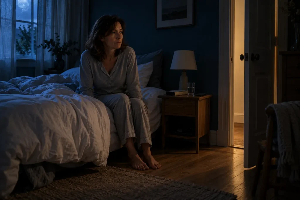 Une femme d’une cinquantaine d’années en pyjama, assise éveillée au bord de son lit dans une chambre sombre, regarde la porte entrouverte d’où filtre une lumière chaude.