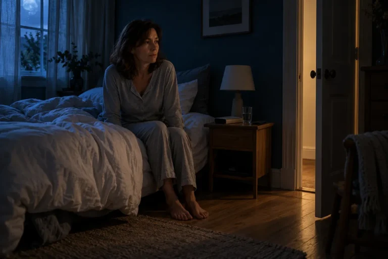 Une femme d’une cinquantaine d’années en pyjama, assise éveillée au bord de son lit dans une chambre sombre, regarde la porte entrouverte d’où filtre une lumière chaude.