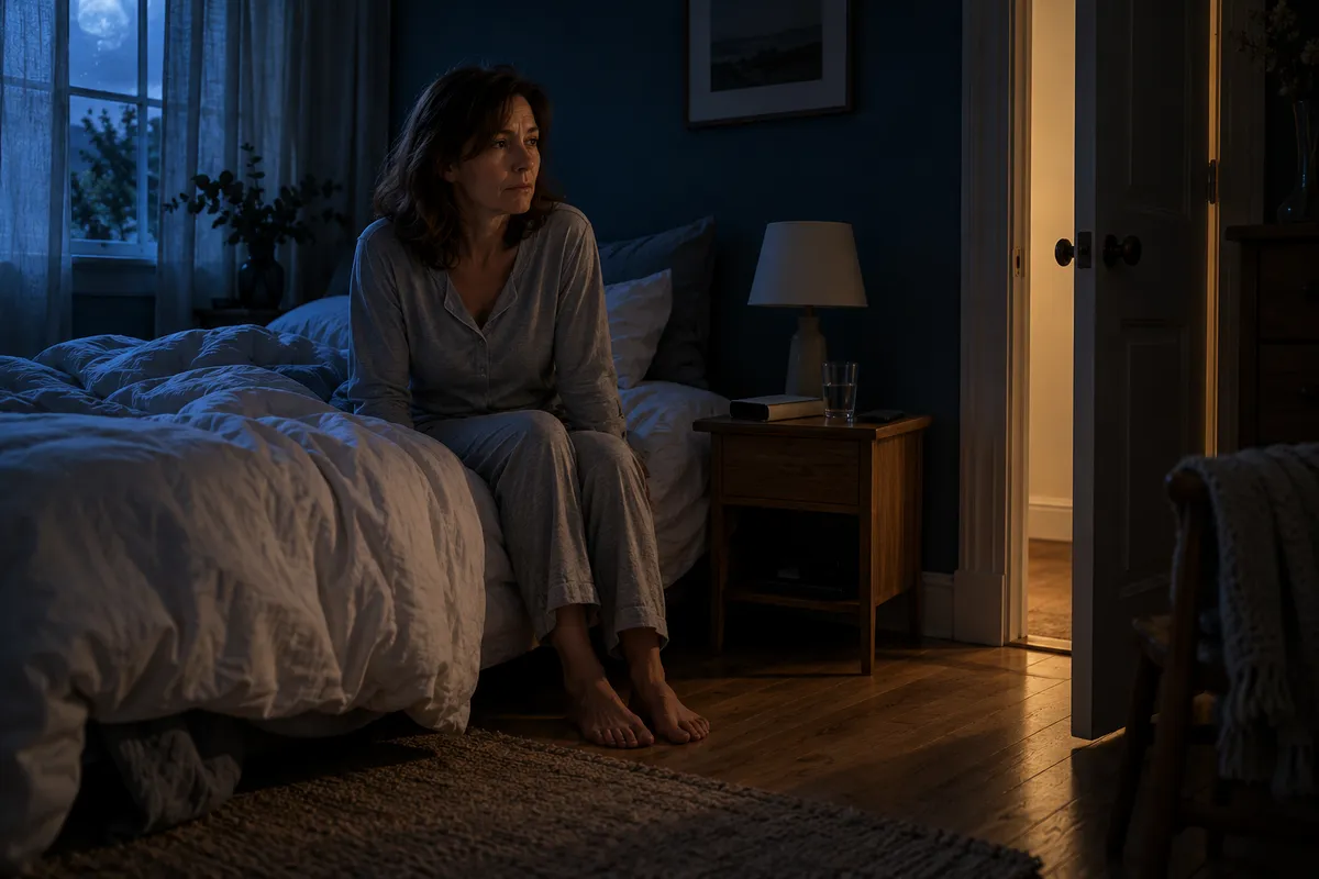 Une femme d’une cinquantaine d’années en pyjama, assise éveillée au bord de son lit dans une chambre sombre, regarde la porte entrouverte d’où filtre une lumière chaude.