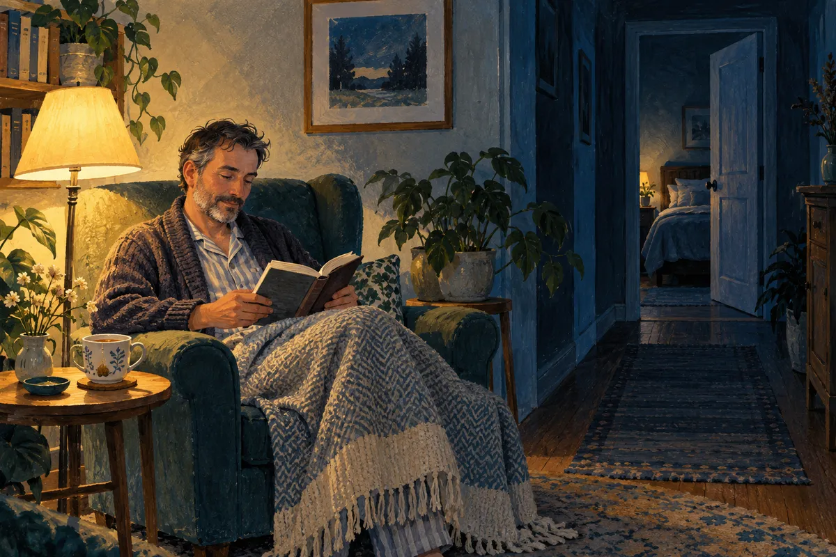 Illustration d’un homme en pyjama et gilet qui lit un livre dans un fauteuil, sous une petite lampe, une couverture sur les genoux, avec au fond un couloir sombre menant à une chambre.