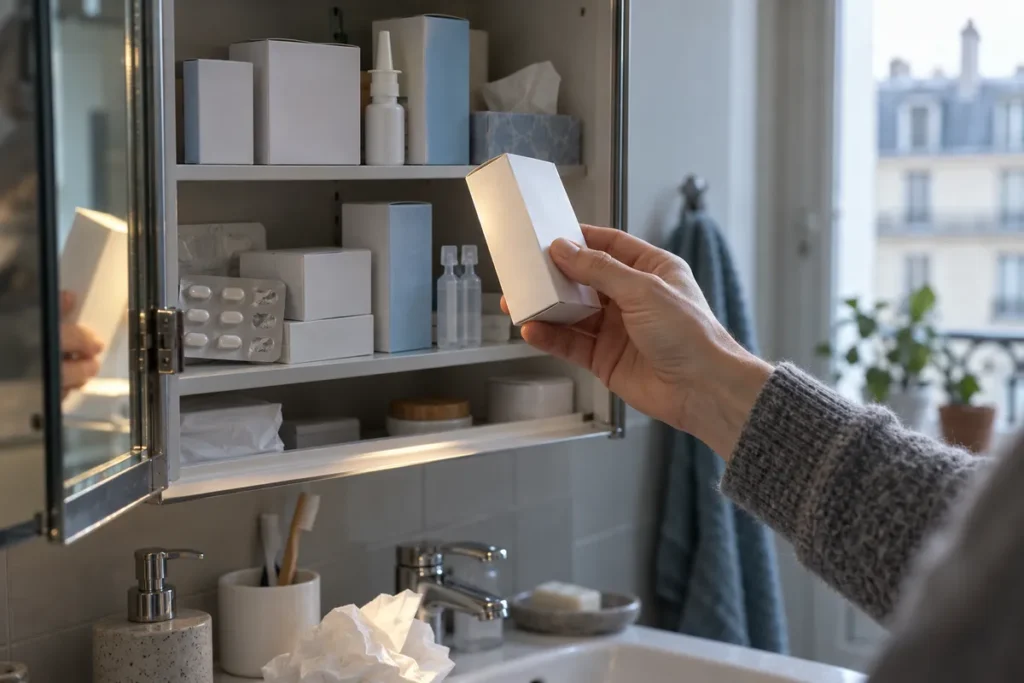 Une main tient une petite boîte de médicament blanche, sans inscription, devant une armoire de toilette ouverte où sont rangés des boîtes, une plaquette de comprimés, un petit flacon de spray nasal, des unidoses et des mouchoirs.