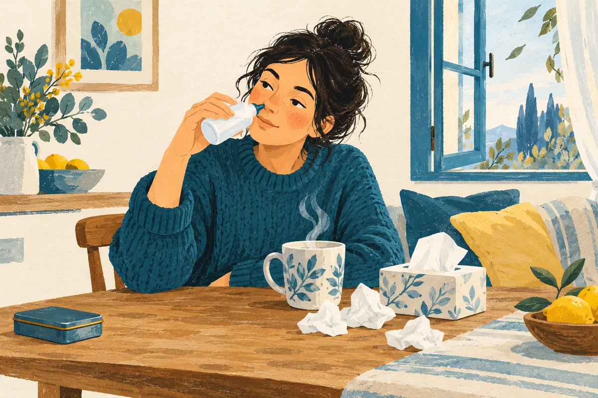 Illustration à la gouache d’une femme en pull bleu, assise à une table de cuisine, qui utilise un petit flacon de spray nasal ; près d’elle, une tasse fumante, une boîte de mouchoirs et une petite boîte métallique mise de côté, devant une fenêtre ouverte.