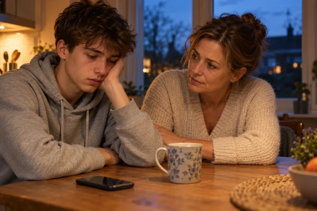 Un adolescent en sweat gris, accoudé à la table d’une cuisine le soir, la tête posée dans la main et le regard baissé, l’air triste ; à côté de lui, sa mère se penche vers lui et le regarde avec inquiétude ; sur la table, un téléphone et une tasse, la nuit bleue derrière la fenêtre.