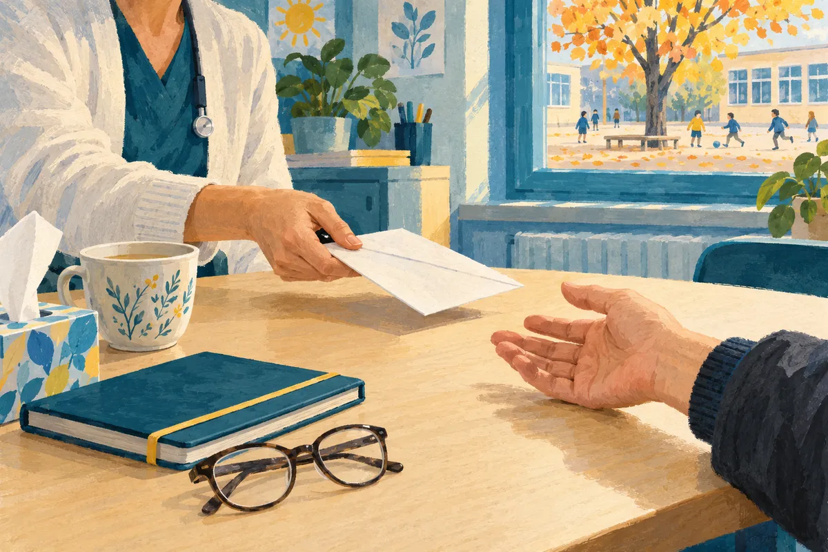 Illustration à la gouache : au-dessus d’un bureau en bois, la main d’une soignante en gilet clair tend une enveloppe blanche vers la main ouverte d’un parent ; sur le bureau, une boîte de mouchoirs, une tasse, un carnet fermé et une paire de lunettes ; par la fenêtre, une cour d’école et un arbre aux couleurs d’automne.