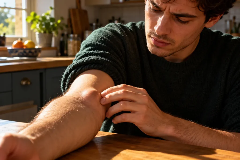 Dans sa cuisine, un jeune homme inquiet appuie du bout des doigts sur une grosseur arrondie bien visible sous la peau de son avant-bras, éclairée par une lumière latérale.