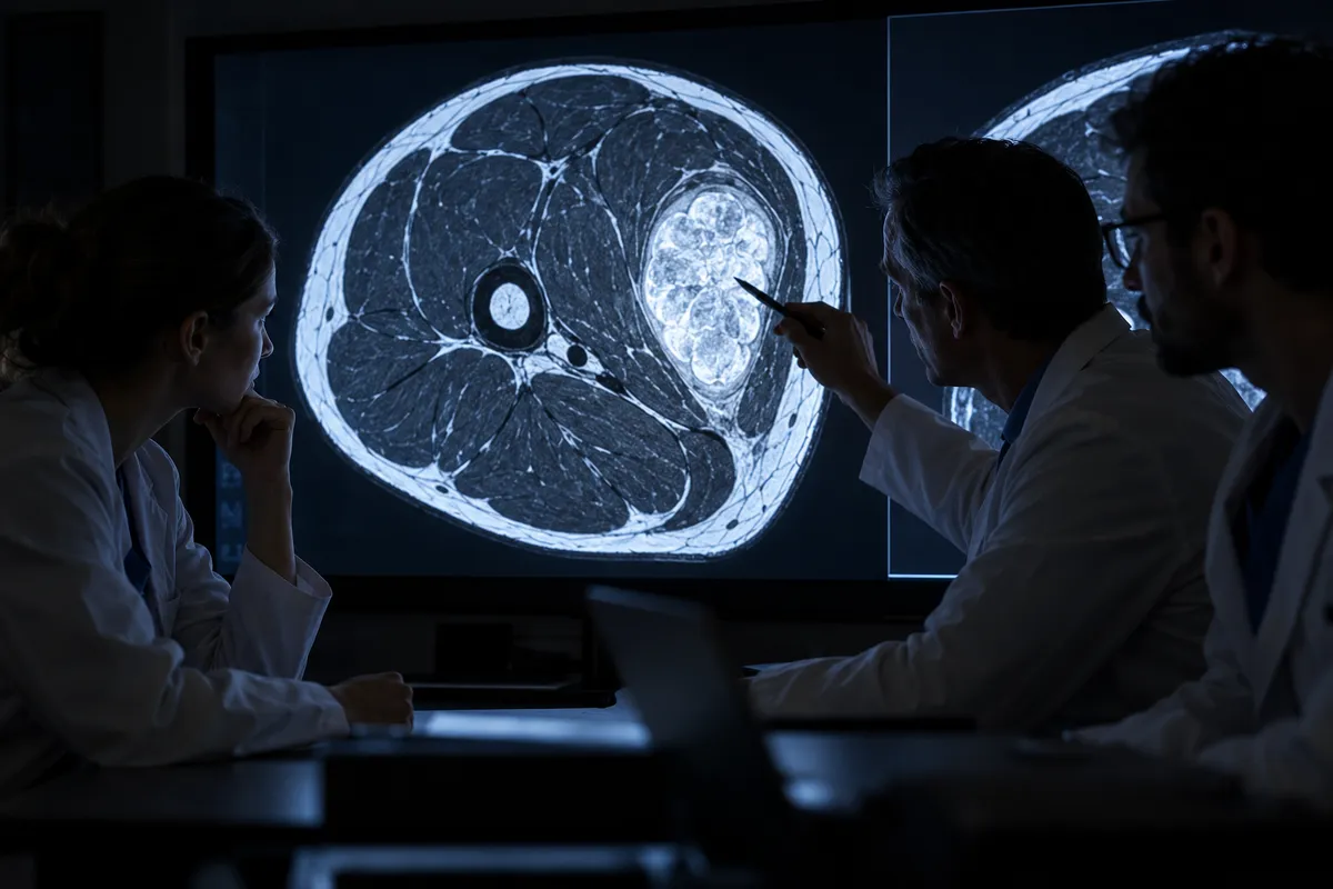 Dans une salle sombre, trois spécialistes penchés vers un grand écran examinent une IRM en coupe de cuisse montrant une masse ovale claire dans le muscle ; l'un la désigne avec un stylo.