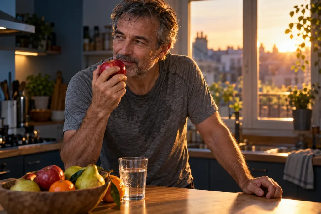 Un homme d’une cinquantaine d’années, barbe poivre et sel et tee-shirt gris humide après un footing, porte une pomme rouge à sa bouche, accoudé au plan de travail de sa cuisine devant un saladier de pommes, de poires et d’agrumes, en contre-jour d’une fin de journée dorée.