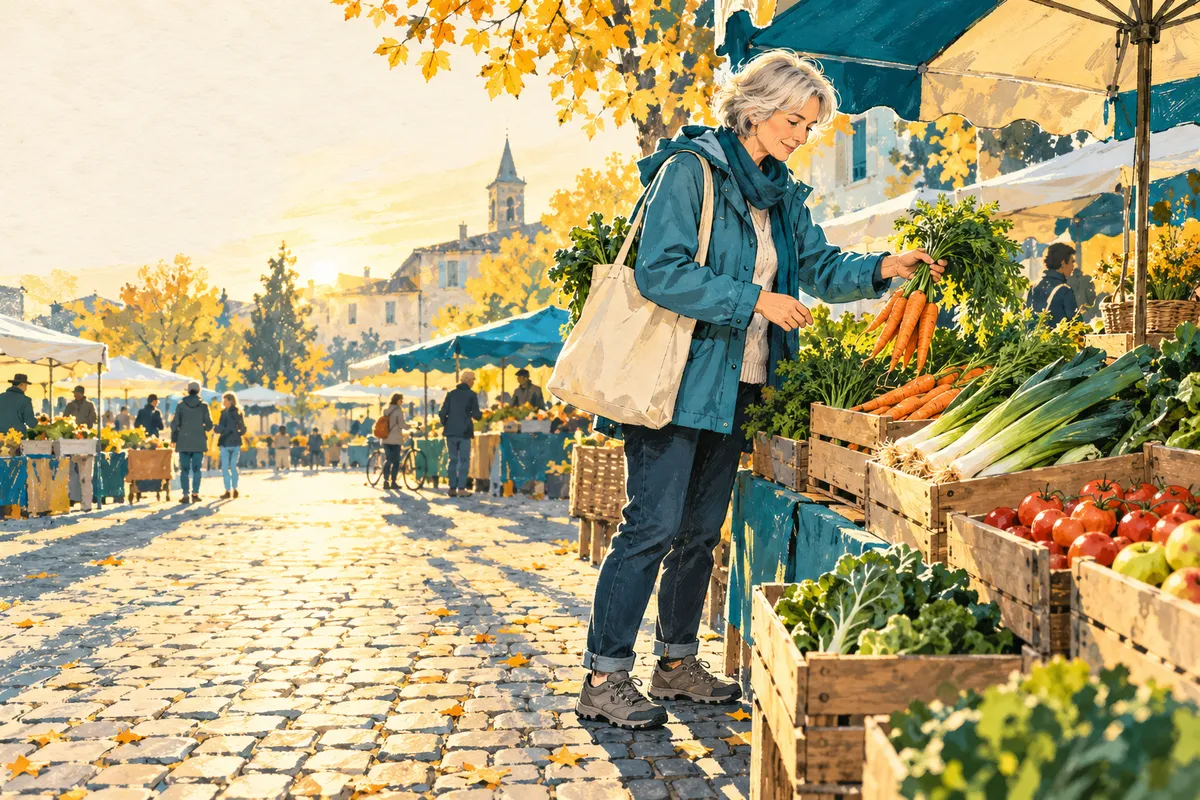 Illustration à la gouache d’une femme d’une soixantaine d’années aux cheveux gris courts, cabas en toile à l’épaule, qui soulève une botte de carottes devant des cagettes de poireaux, de tomates et de pommes sur un marché de plein air ensoleillé à l’automne.