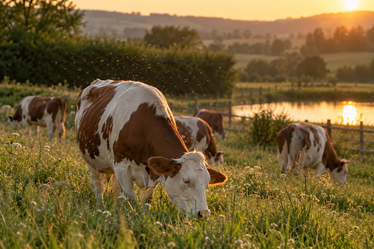Des vaches laitières à robe rouge et blanche broutent dans un pré au crépuscule, près d’une clôture en bois et d’une mare ; à contre-jour, un nuage de minuscules moucherons scintille au-dessus de leur dos.