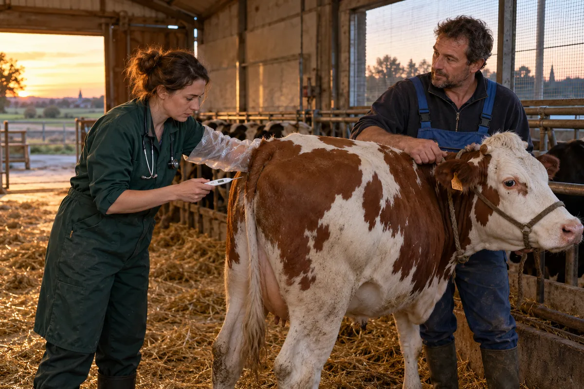Dans une étable au crépuscule, une vétérinaire en combinaison verte et gant de fouille long tient un thermomètre près de l’arrière-train d’une vache rouge et blanche, tandis qu’un éleveur en salopette bleue tient le licol de l’animal ; derrière eux, une fenêtre est couverte d’un filet anti-insectes.