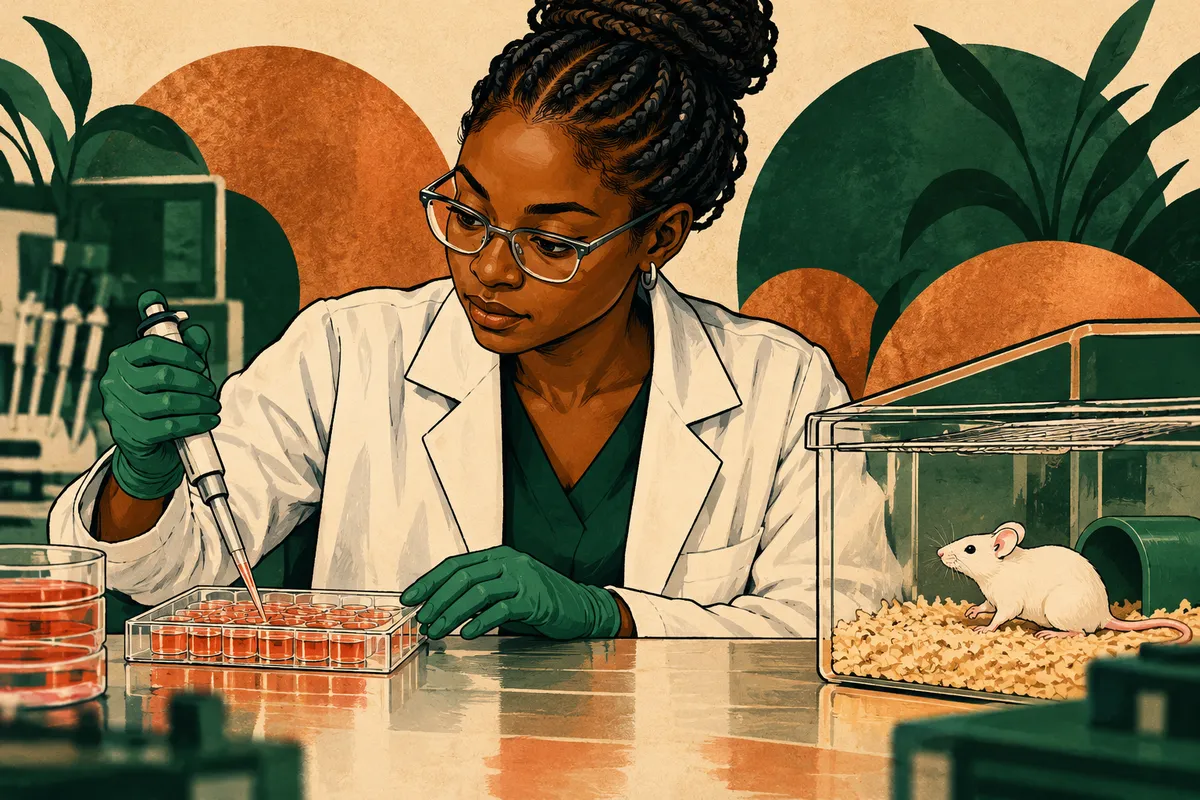 Dessin de laboratoire distinguant une recherche sur cultures cellulaires et un modèle de souris.