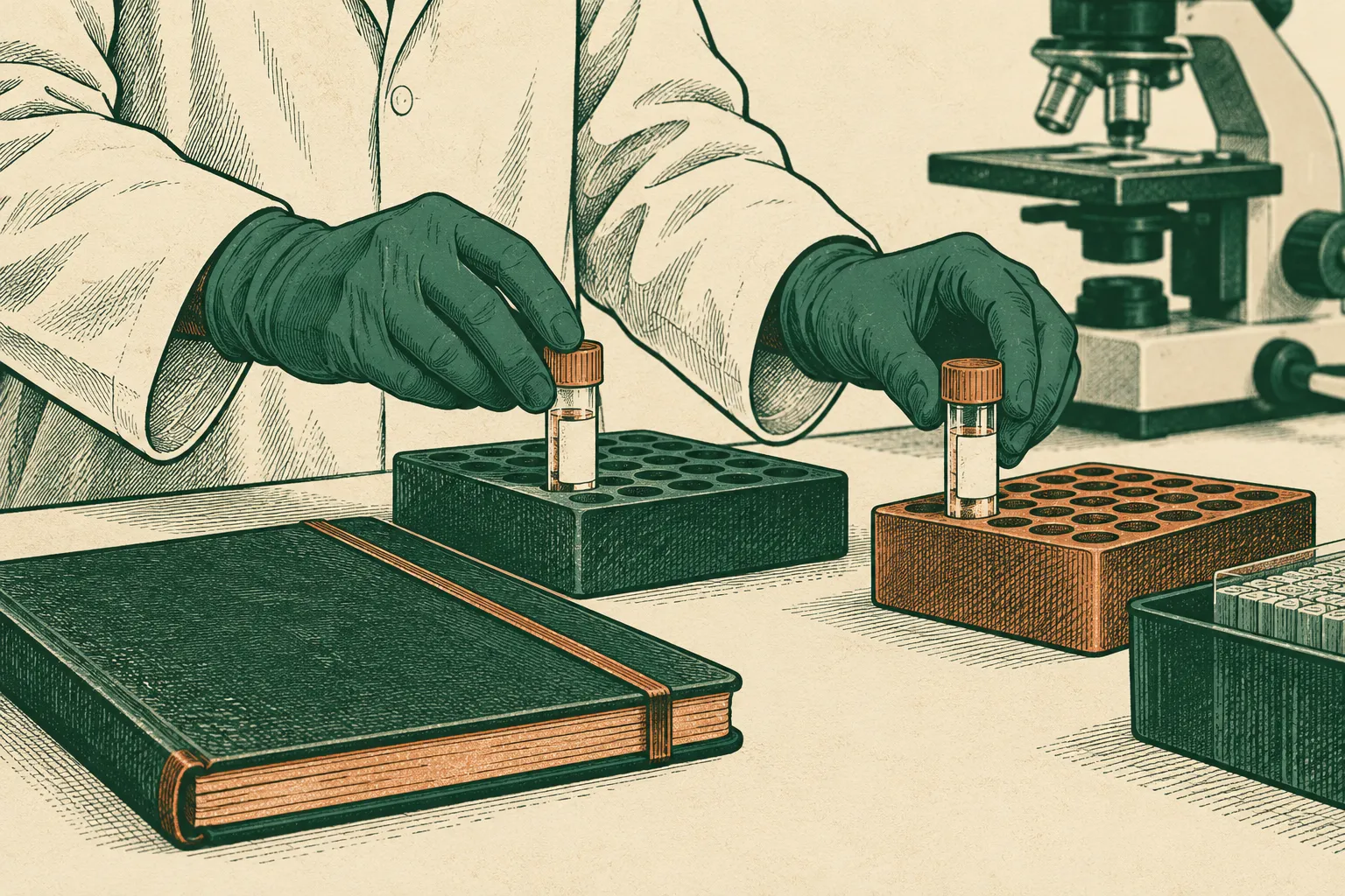 Dessin de manipulation d’échantillons anonymes au laboratoire, sans recette ni produit commercial représenté.
