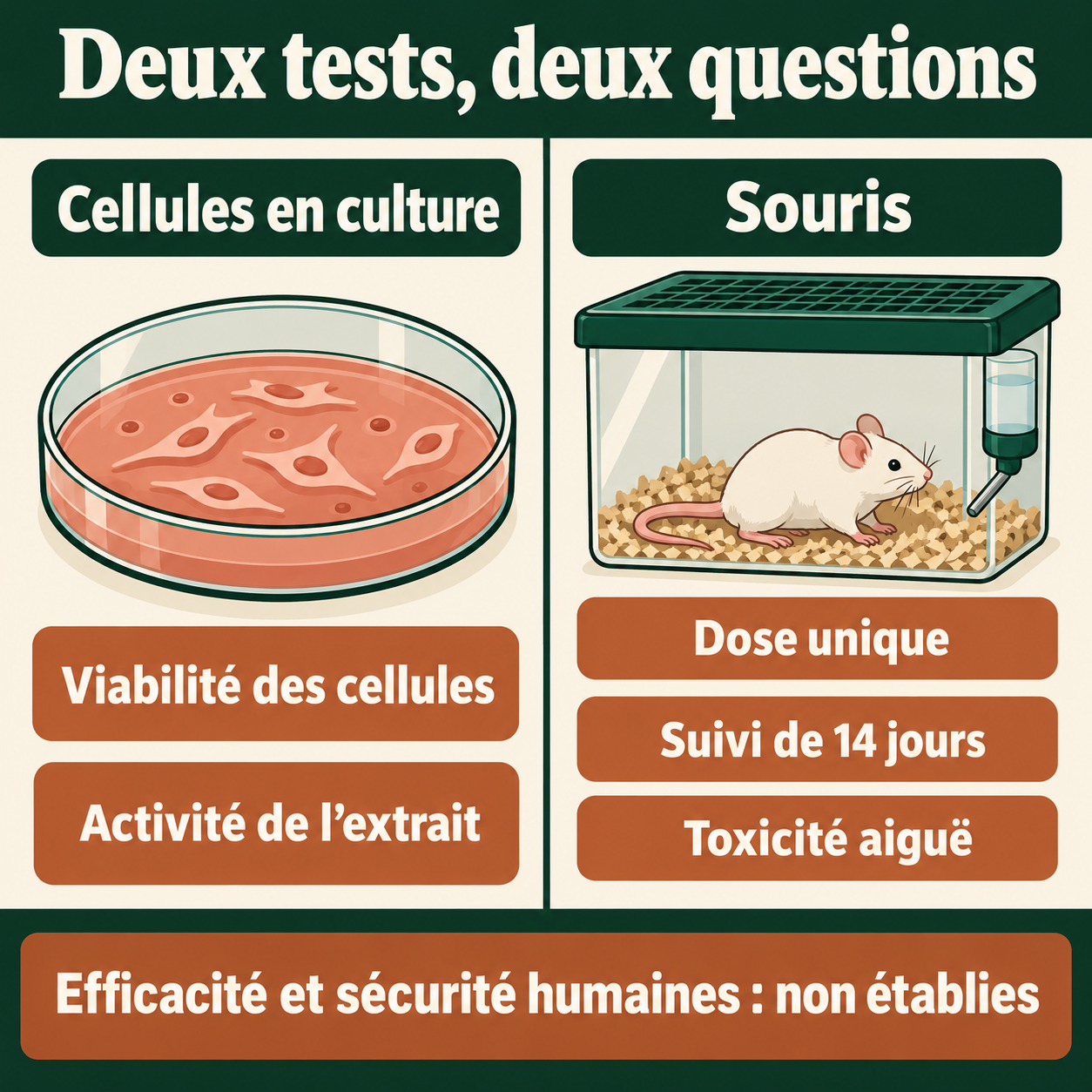 Deux tests distincts : viabilité des cellules en culture et toxicité aiguë chez la souris après une dose unique, avec un suivi de 14 jours.